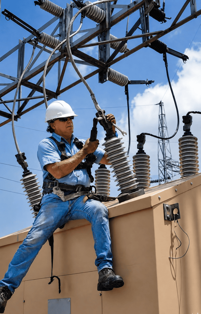 Técnico realiza mantenimiento en equipo de alta tensión de una subestación eléctrica