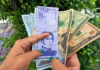 Billetes venezolanos y dólares estadounidenses sostenidos por una persona