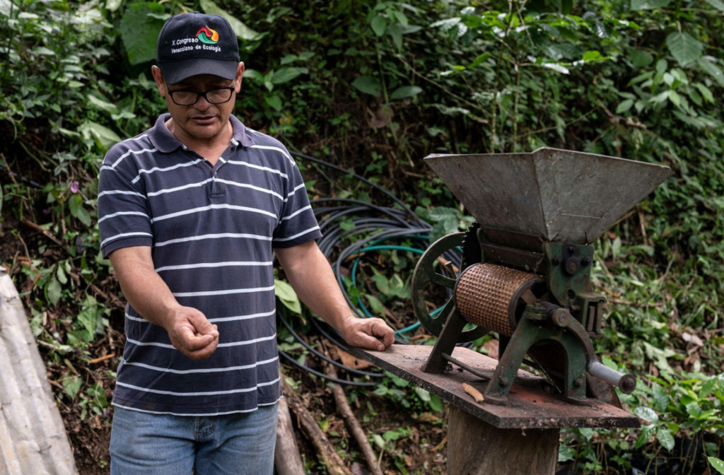 Productor junto a una despulpadora de café en Biscucuy