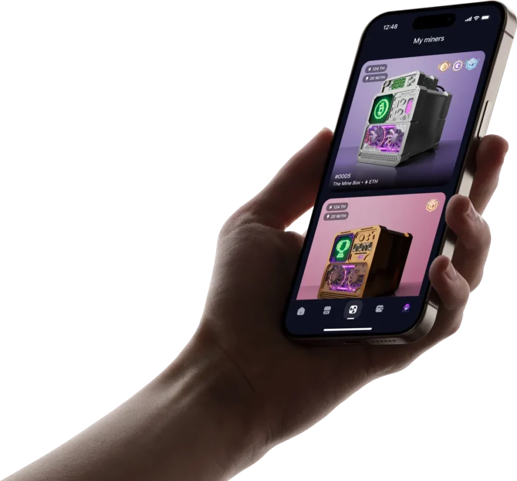 Smartphone con interfaz de GoMining que muestra mineros digitales y su capacidad de cómputo en TH/s.