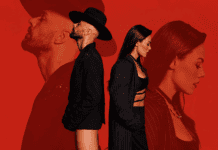 Jesse & Joy de espaldas y en perfil sobre un fondo monocromático rojo con efecto de doble exposición