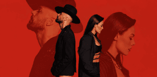 Jesse & Joy de espaldas y en perfil sobre un fondo monocromático rojo con efecto de doble exposición