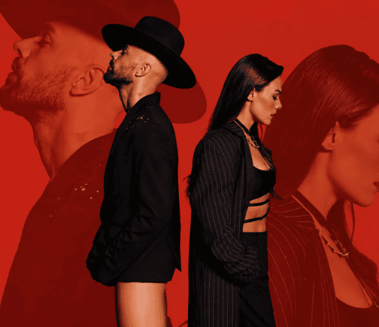Jesse Huerta anuncia que se alejará de la música para priorizar su salud mental y su familia Jesse & Joy de espaldas y en perfil sobre un fondo monocromático rojo con efecto de doble exposición