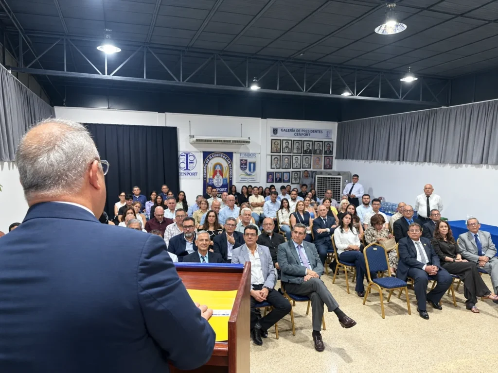 Ponente se dirige a directivos, expresidentes y representantes del sector de la construcción durante un acto en el Ceinport.