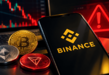 Binance estima en 6.300 millones de dólares el impacto del ciberataque y reserva fondos para cubrir las pérdidas Teléfono móvil con el logotipo de Binance junto a monedas de Bitcoin, Ethereum y TRON, con un símbolo de alerta de ciberseguridad al fondo.