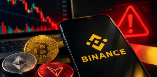 Teléfono móvil con el logotipo de Binance junto a monedas de Bitcoin, Ethereum y TRON, con un símbolo de alerta de ciberseguridad al fondo.
