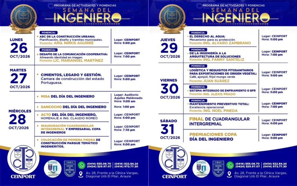 Afiche de la programación de la Semana del Ingeniero 2026 organizada por CEINPORT en Araure.