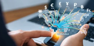 Ilustración de transferencias internacionales de dinero hacia Venezuela mediante dispositivos digitales.